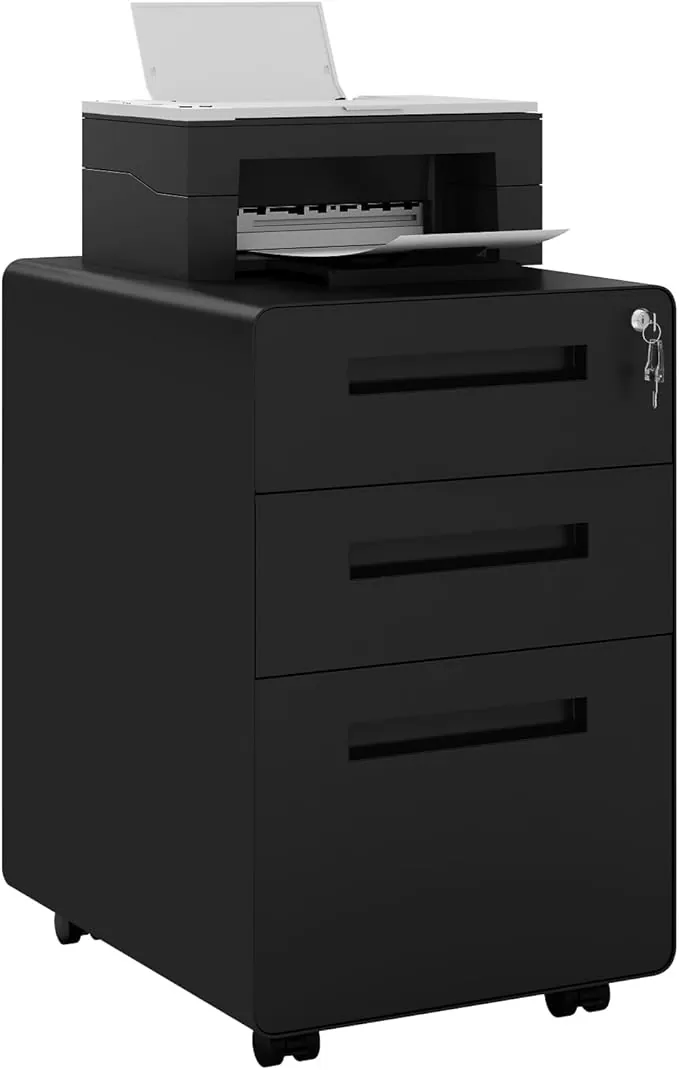 WOLTU Armario Archivador, Cajonera Escritoria Móvil con Ruedas, Gabinete de Oficina con 3 Cajones y Cerradura Mueble Archivador Colgante Carpeta de Gran Capacidad para Carta y Papel A4, Negro ASK04sz