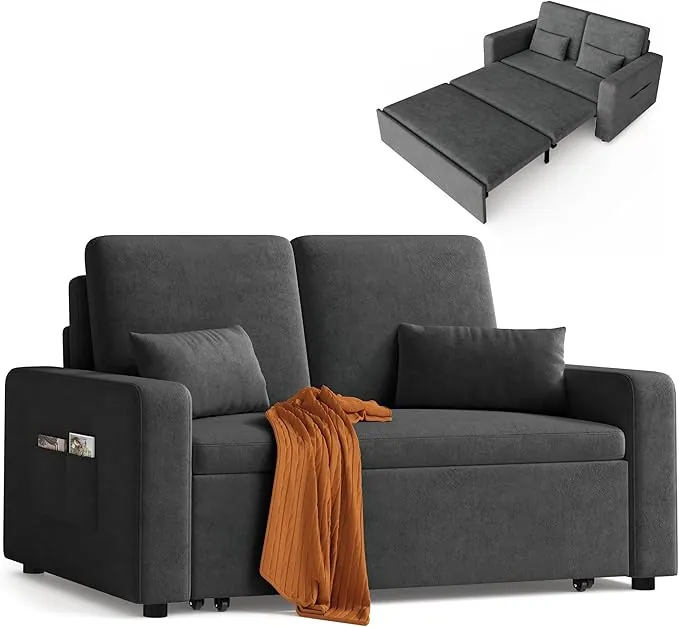 Xbro Sofa Cama 2 Plazas, Sillón Convertible 3 en 1 con Cama, Dos Bolsillos de Almacenamiento, Tapizado en Terciopelo, 147 x 196 x 87cm, Incluye Dos Cojines,Gris Oscuro