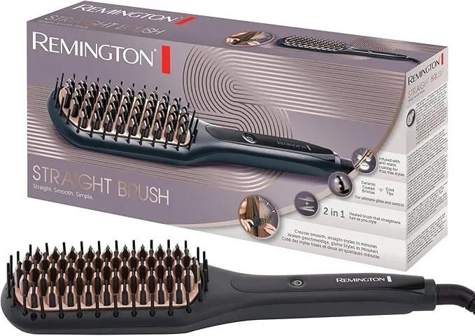 Remington Cepillo Alisador Straight Brush, Cerámica Avanzada Anti-estática, 3 Temperaturas hasta 230°C, Cabezal para Facilitar el Alisado, Interruptor Encendido/Apagado, Neceser, CB7400