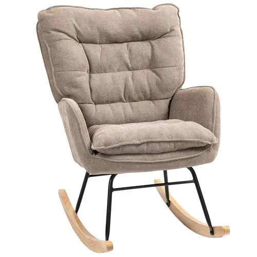 HOMCOM Silla Mecedora Moderna Tapizada en Chenilla, Reposabrazos, Marrón