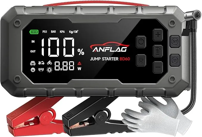 Arrancador de Baterias de Coche con Compresor de Air, ANFLAG 8000A 160PSI Arrancador(para All Gas/14L Diésel/Híbrido), 26800mAh 12V Jump Starter con Clips de Seguridad Inteligentes/Guantes/Luces