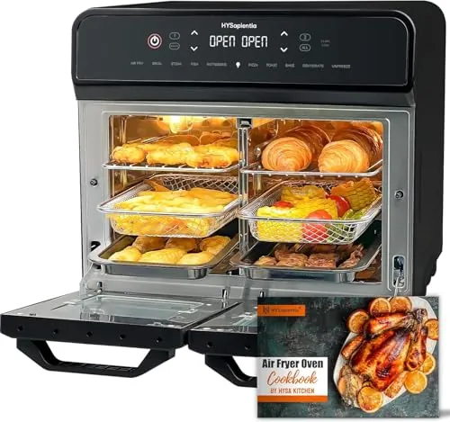 HYSapientia® 22L Freidora de Aire Caliente 2 Cámaras, Freidora sin Aceite con Pantalla Táctil LED, Dual Zone Air Fryer Oven con 10 Programas, Airfryer xxl, Acero Inoxidable, Fácil de limpiar