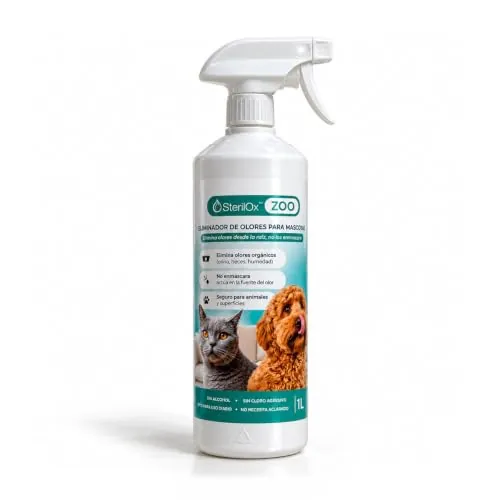 SterilOx ZOO Eliminador de Olores para Perros y Gatos Sin Alcohol 1 L | Neutraliza olores de orina y mascotas en el hogar. Seguro para perros y gatos.