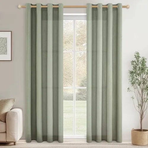 CUTEWIND Cortinas de Salon Modernas 2 Piezas Cortinas Visillos Lino Translucidas Cortina Verde Salvia con Ojales para Comedor Dormitorio Juvenil Ventana Habitacion Matrimonio, 140x215 CM