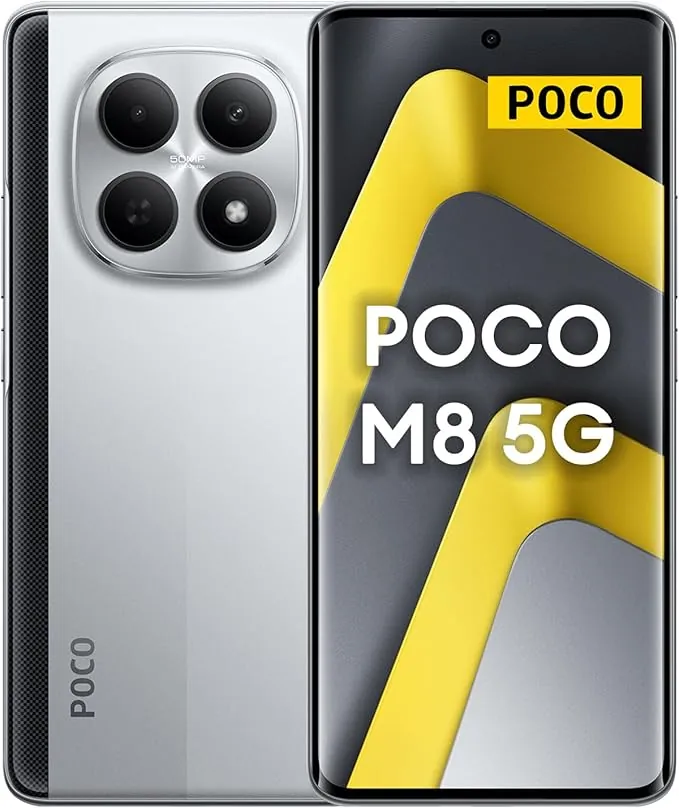 XIAOMI POCO M8 5G - Smartphone de 8+256GB, Pantalla de 6,77" 120Hz Flow AMOLED, Snapdragon 6 Gen 3, cámara Dual de 50MP IA, Carga Turbo de 45W, Cargador no Incluido, Plata (Versión ES)