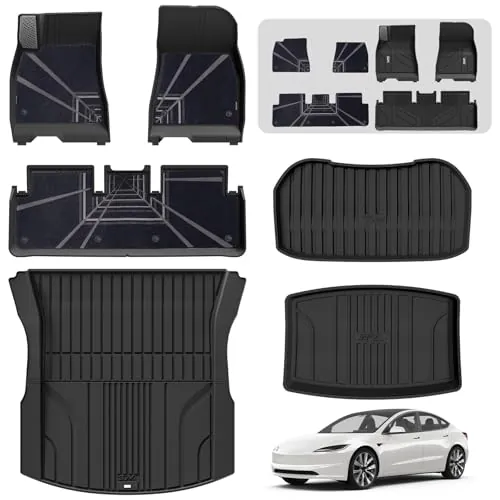 3W Alfombrillas 6 Piezas para Tesla Model 3 Highland 2024-2025, Incluye Superficie de Moqueta Delantera y Trasera, Thorex™ Alfombrillas para Todo Tipo de Clima, Admite Perros, Accesorios