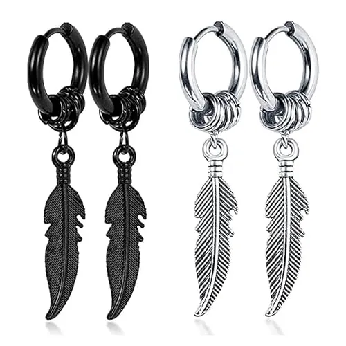 Ozmw 2 Pares de Pendientes para Hombre - Plumas, Punk, Acero Inoxidable Hipoalergénico (Negro y Plateado)