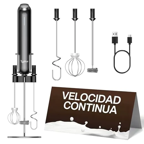 Typhur InstaWhisk Espumador de Leche Eléctrico de Mano, Recargable USB-C, Velocidad Variable, 3 Batidor Desmontable, sin Salpicaduras, para Café, Capuchino, Matcha, Leche de Avena, Soja