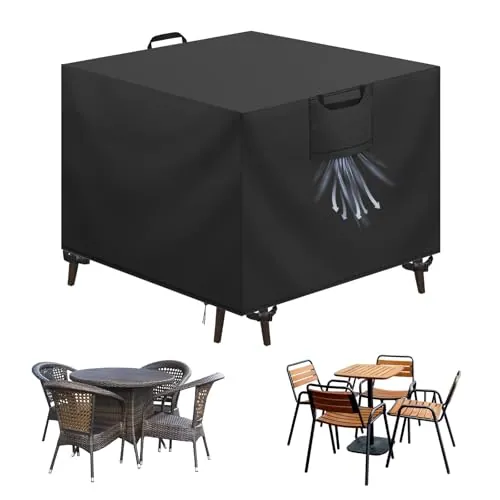 Aujink Funda Mesa Exterior Impermeable, Funda para Muebles de Jardín, Cubierta para Muebles de Jardin Tela Oxford 420D Anti Viento Anti UV Funda Protectora Mesa Exterior, Negro,90x90x90cm