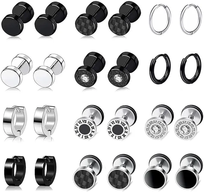 12 pares de pendientes de acero inoxidable para hombre, color negro, sin alergias, pendientes de aro de plata, túnel para hombre y mujer, lac lac edelstahl