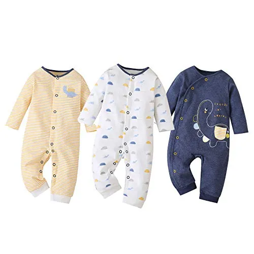 amropi Pack de 3 Mono Bebé Niñas Niños Peleles Mameluco de Manga Larga Pijama, 0-3 Meses,Amarillo/Blanco/Marino