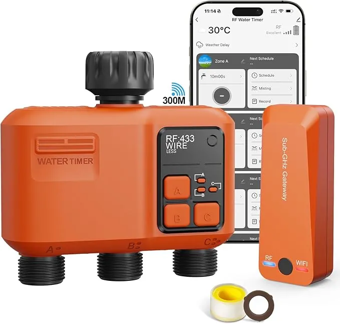 Programador Riego WiFi 3 Salidas con 300 Metros RF, WiFi Supercobertura, Sistema de Riego para Jardín con Retardo de Lluvia, Control por Aplicación y Voz, Temporizador Automático