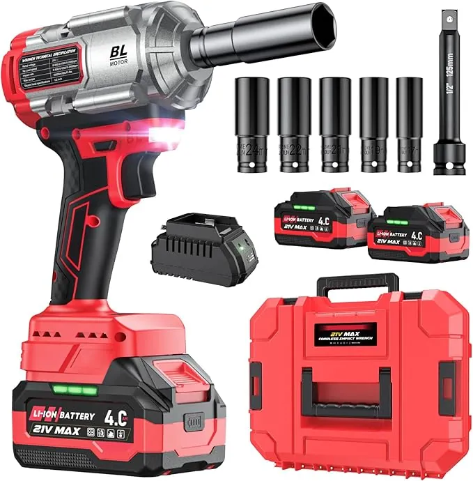 XIAZIR Llave de impacto a bateria 1200 N·m, pistola de impacto bateria, 21V 4.0Ah×2 baterías + cargador rápido, 3 velocidades + luz LED, incluye 5 vasos + barra de extensión + maletín