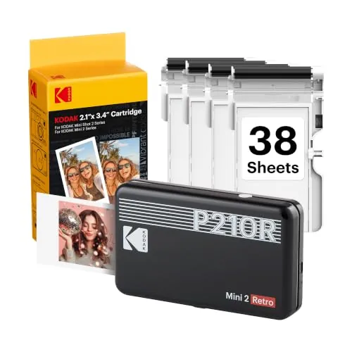 KODAK Mini 2 Retro Navidad Regalos 4Pass, Impresora Fotográfica + 38 Fotos, Fotos Instantáneas Tamaño 54X86mm, Conexión Inalámbrica Bluetooth - Negro