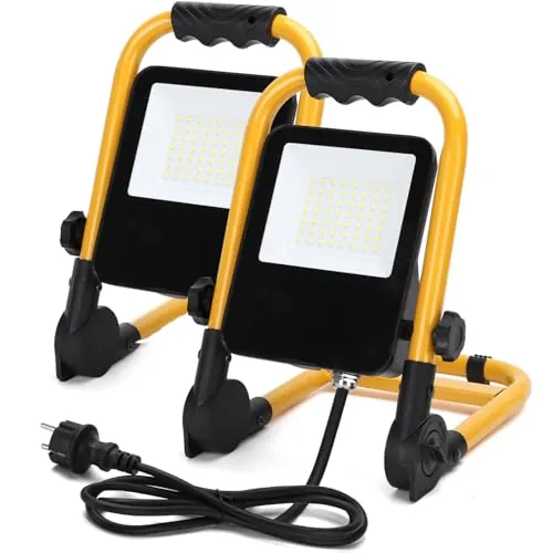 Aigostar Foco de Trabajo LED 30W 2700LM Foco LED Portátil con Enchufe, IP65 Impermeable Soporte plegable, para Uso en Interiores y Exteriores, para Obra, Taller, Garaje,6500K Luz Blanca, 2 pcs