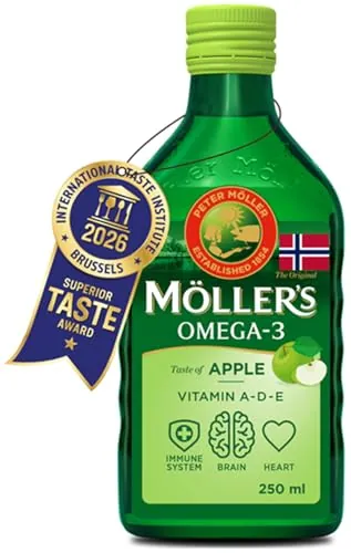 Moller’s ® | Aceite de hígado de bacalao | Complemento dietético con omega-3 EPA, DHA y vitaminas A, D y E | Sabor Manzana | 250 ml
