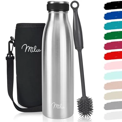 Milu Termo Botella de Agua 500ml, 750ml, 1l - Acero Inoxidable - Aislamiento de Vacío de Doble Pared - Libre BPA (Plateado, 500ml)