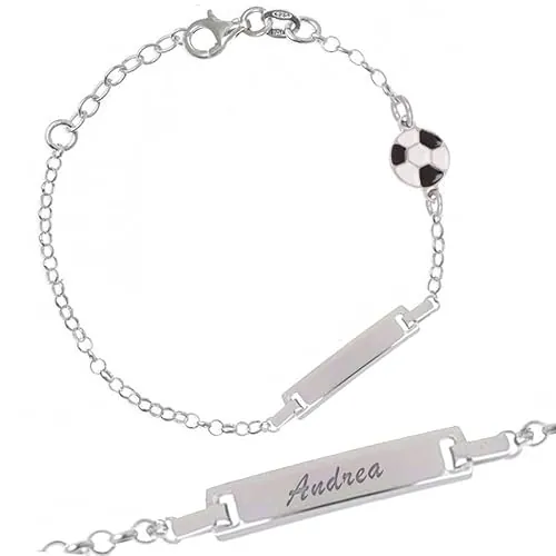 Sakrami Pulsera de Plata de Ley 925 + Placa Personalizable con Nombre + Balón de Fútbol Esmaltado + Idea de Regalo para Niño + Pulsera Deportiva para Nacimiento, Bautizo, Comunión, Cumpleaños