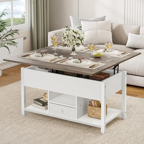YITAHOME Mesa de Centro con Altura Ajustable, Mesa Auxiliar Multifuncional 4 en 1 con Espacio de Almacenamiento Mesa de Centro Convertible en Mesa de Comedor para Sala de Estar, Blanco y Gris