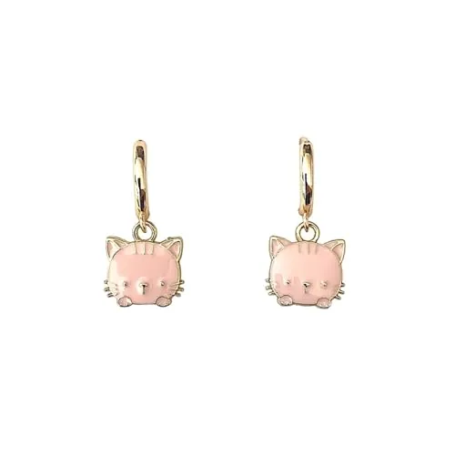 ASTER ALHELÍ – Pendientes Dorados Mujer Gatitos – Aros Pequeños Chapados en Oro – Colgantes Gato Blanco o Rosa Juveniles – Regalo Pendientes Originales Mujer Niña (Rosa)