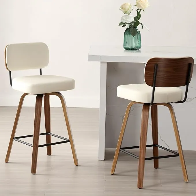 Bekrvio Juego de 2 taburetes de bar giratorios 360° con respaldo, altura de asiento de 65 cm, taburete de bar de piel sintética y madera maciza, 4 patas, silla de mostrador estilo Mid Century para