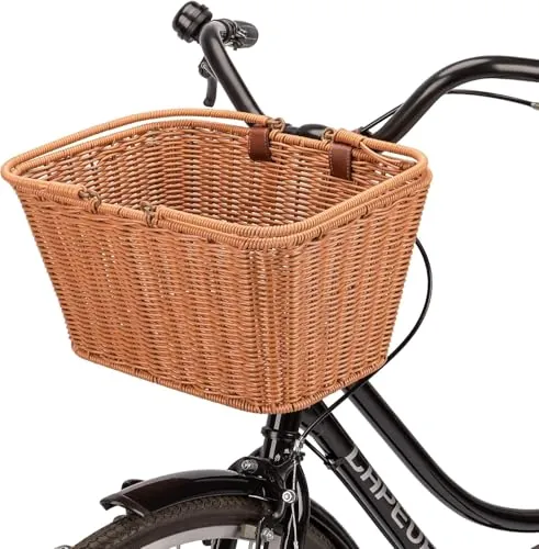 CXWXC Cesta de Bicicleta – Resistente Cesta Delantera – Cesta de Mimbre Tejida a Mano con Correas Ajustables de Cuero Vegano