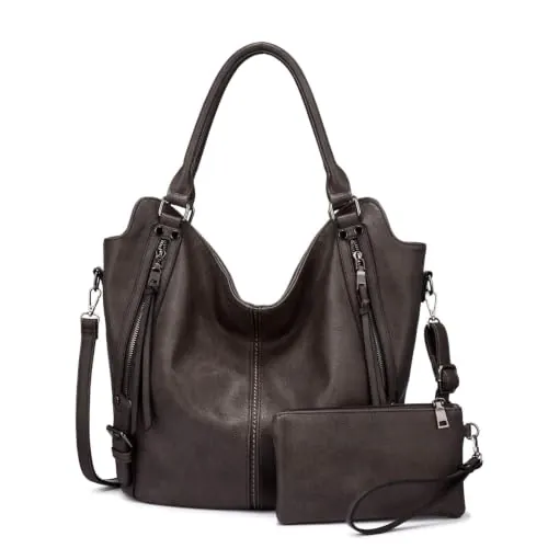Realer Bolsos de Mujer Hobo Casual Grande Bolso Bandolera Polipiel Bolso Tote Bolso de Hombro Shopper Bolso de Cuero Sintetico Monedero Carteras 2pcs Gris Marrón