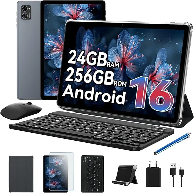 TABWEE T20 Android 16 Tablet con Teclado - 24 GB RAM+ 256 GB ROM(2 TB TF), Octa-Core, Gemini AI, Widevine L1, Tablet 10 Pulgadas, 5000mAh, 8MP+5MP, Face ID, GPS (Garantía de 4 años)