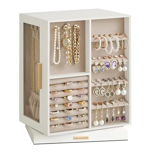 SONGMICS Caja Joyero Giratorio 360°, con 5 Cajones, Puerta Transparente