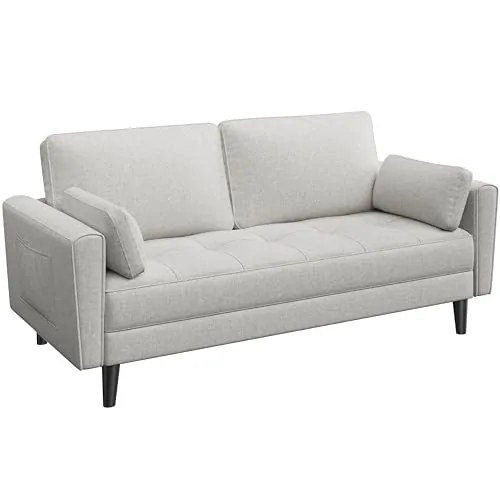 Yaheetech Sofá de 2 Plazas Tapizado Tela con Respaldo 170 cm Beige | Sofa de 2 Plazas de Tela, Sofa de 170 cm para Sala de Estar, con 2 Almohadas, con Reposabrazo, Bolsa Lateral.Capacidad 300 KG