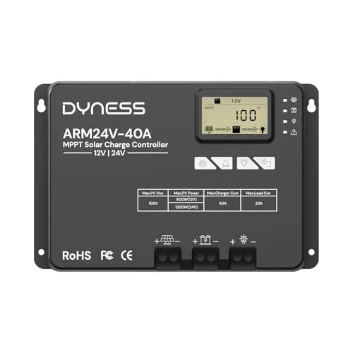 Dyness MPPT 40A Controlador de Carga Solar 12V/24V Automático, 100V (entrada fotovoltaica máx.), pantalla LCD, nstalaciones solares y baterías SLA, GEL, FLD, AGM, Li.