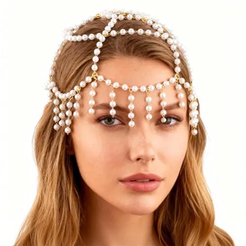 GORGECRAFT Tocado de Perlas con Cadena para la Cabeza de Plástico Blanco Estilo Vintage Dorado para Novias Estilo Gatsby Estilo Flapper para Boda Disfraz Art Déco Fiesta Accesorios para el Cabello par