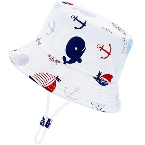 CHEESANHERR Sombrero de Sol Niño Niña, Gorro Bebe Verano, Sombrero de Playa Pescador Gorros Proteccion UV Unisexo Sombreros ala Ancha para Exteriores (FR/ES, Edad, 1 año, 2 años, Ballena Blanca)