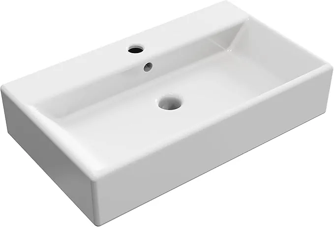BAIKAL - Lavabo Cerámico sobre Encimera. Lavabo Recto en acabado Blanco Brillo. Medidas 61 x 36 x 13 cm. Con orificio para grifo. Envío con Embalaje Reforzado