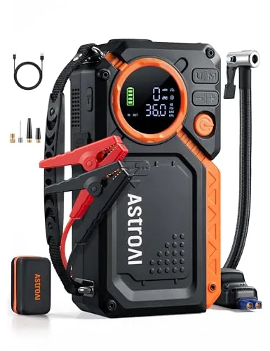 AstroAI Arrancador de Batería de Coche 8000A con Compresor Aire, Arrancador Coche Prtatil con Inflador de 150 PSI, Jump Starter 12V (Todo Gasolina o 12L Diésel), con Pantalla LED y Luz de Emergencia