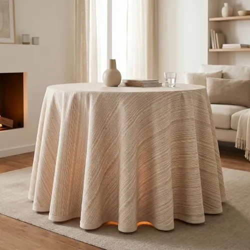 FUSIONHOME Falda Mesa Camilla Redonda 70 cm Crudo RB Premium Tejido Primavera Verano - Faldilla Mesa Camilla Fina Altura para Mesa 75 cm - Fabricado en España 50% Algodón 50% Poliester