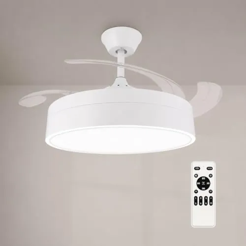 M Mimotec- Ventilador de Techo LED Messe White 72W con Luz CCT Regulable e Intensidad, Motor DC Ultrasilencioso, 6 Velocidades, 4 Aspas Retráctiles, Temporizador, Mando a Distancia