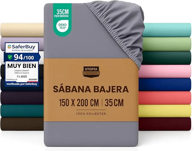 Utopia Bedding Sabana Bajera 150x200 - Gris - Certificado Oeko Tex - Bolsillo Profundo - Microfibra Cepillada (Cama 150)