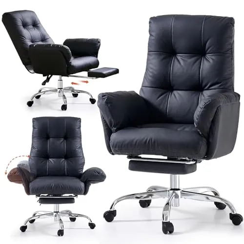 EMIAH Silla de Oficina Ergonómica con Reposabrazos Abatibles,Cuero PU,Negro