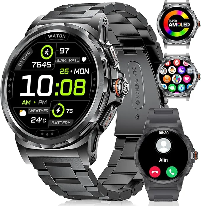 2025 Reloj Inteligente Hombres,1.43'' AMOLED Smartwatch Hombre Monitor de Sueño, 5ATM Impermeable Smartwatch Militar con Wasap Llamadas para Android iOS