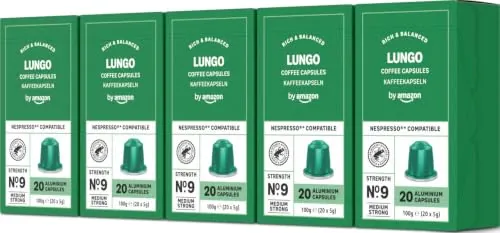 by Amazon - Cápsulas de café Lungo, tueste medio, compatibles con Nespresso, 100 unidades, 5 paquetes de 20, certificado Rainforest Alliance