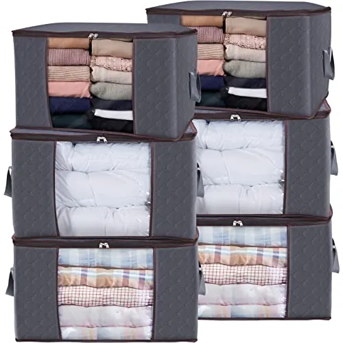 Lifewit 6 Piezas Organizador Ropa, Cajas Almacenaje Ropa Plegable con Asa Reforzada, Bolsas para Guardar Ropa de Tejido Resistente y Ventana Transparente para Suéteres, Abrigos, Mantas, 90 L, Gris