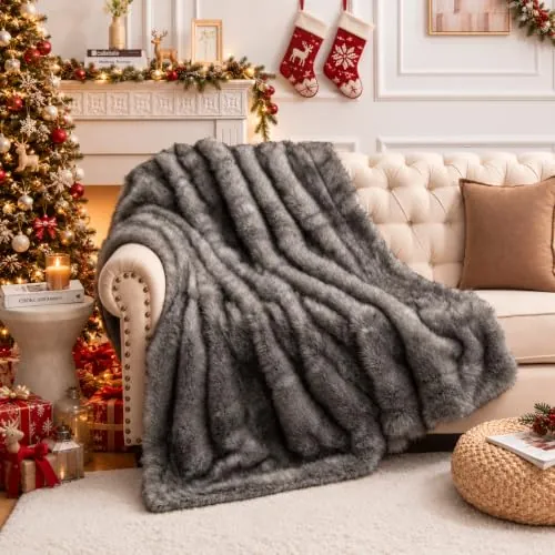 HOMFINE Luxury Manta Pelo Largo Piel Sintetico 230x230cm Gris | Manta Piel Sintetica de Pelo Largo, Suave Calida, Manta de Pelo para Cama Sofa, Invierno Acogedor, Regalo Lujoso Decorativo