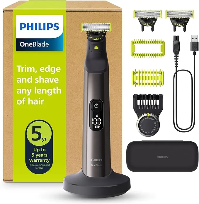 Philips OneBlade Pro 360 Barbero, afeitadora y recortadora eléctrica facial y corporal, 3 cuchillas 360º, peine de 20 longitudes, kit corporal, soporte de carga, estuche de viaje, Negro, QP6652/35