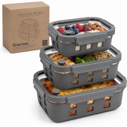 Dalena Home Tupper Meal Prep 3x 640-1520ml con Tapa Cristal, Antifugas