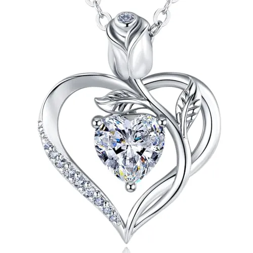 JACUPO Collar Mujer Plata 925 Moissanita/Piedra Natal Para Ella | Joya Muher Colgante de Corazón Rosa,Grabado ''I Love You'',Ideal Cumpleaños Navidad Regalo Para Mujer,Novia,Madre,Hija
