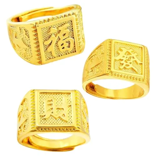 Anillos Hombre,3 Piezas Anillo Chapado en Oro de los Hombres Anillo de Sello Ajustable,Anillo de Dedo Pulgar Abierto,Anillo de Boda, Anillo de Kanji Riqueza de Suerte Juego de Anillos