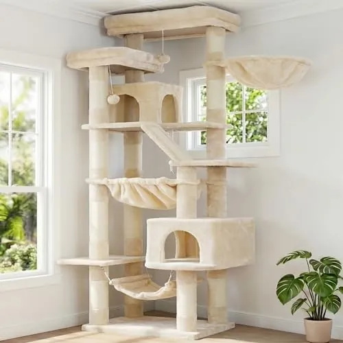 Heybly Rascador para Gatos, Torre De 180 cm, 2 Plataformas, 2 Cabañas, 2 Hamacas, Panel para Arañar. Gran Mueble para Gatos con Espacio De Dormir, Beige HCT034M