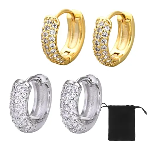 2 pares de pendientes y aro para mujer y hombre, aros pequeños, hipoalergénicos, pendientes de diamante y plateados (con bolsa de almacenamiento)