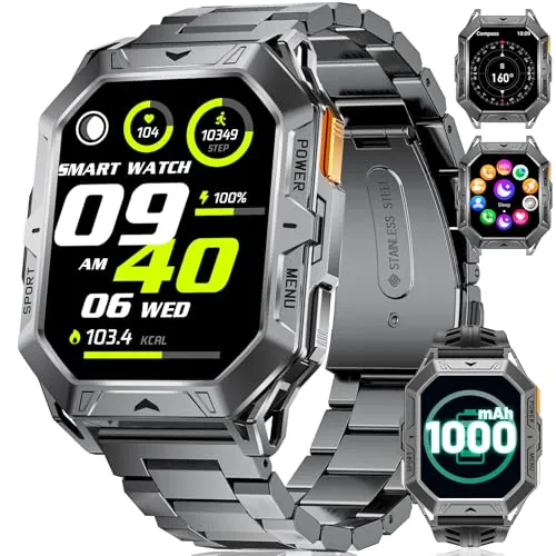 LIGE Reloj Inteligente Hombre, 256MB con 1000mAh Batería/Brújula/Altitud/Barómetro, 2.13" AMOLED Smartwatch Llamadas Bluetooth,100+ Deportivos,10ATM,Herzfrequenz/Schlafmonitor,Android iOS, Marrón